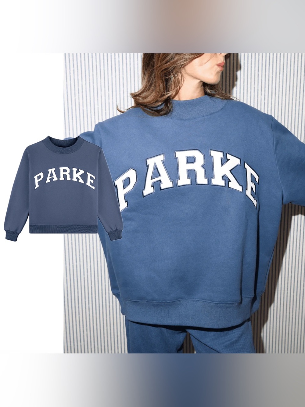 PARKE Varsity Mockneck Washed Indigo navy embroidered pullover sweatshirt